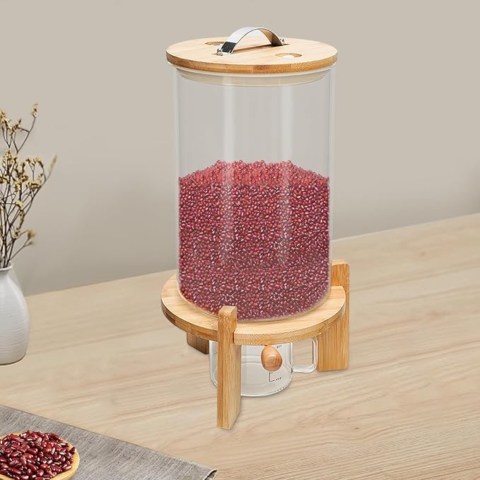 7.5L Cereal Dispenser, Bamboo Grain Storage Barrel with Sealed Lid and Wooden Stand, Cereal Container for Pantry Organization and Storage