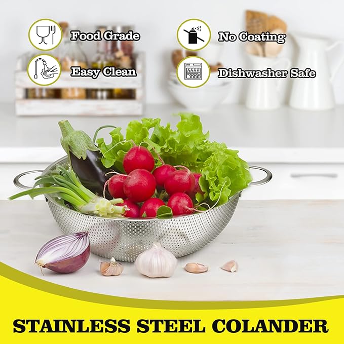 P&P CHEF Stainless Steel Colander, Micro-Perforated Food Strainer with Handle for Washing Draining, Great for Pasta Fruits Vegetables, Dishwasher Safe & Healthy, 5 Qt, 1Pc