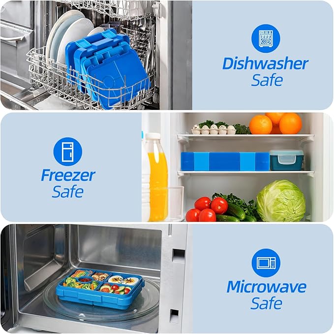 Bento Lunch Box for Kids, 6 Compartments BPA Free, Dishwasher Safe Back to School Snack Bento Lunch Containers Boxes, Ideal Portion Sizes for On-the-Go Meal, Ages 3+, School, Blue