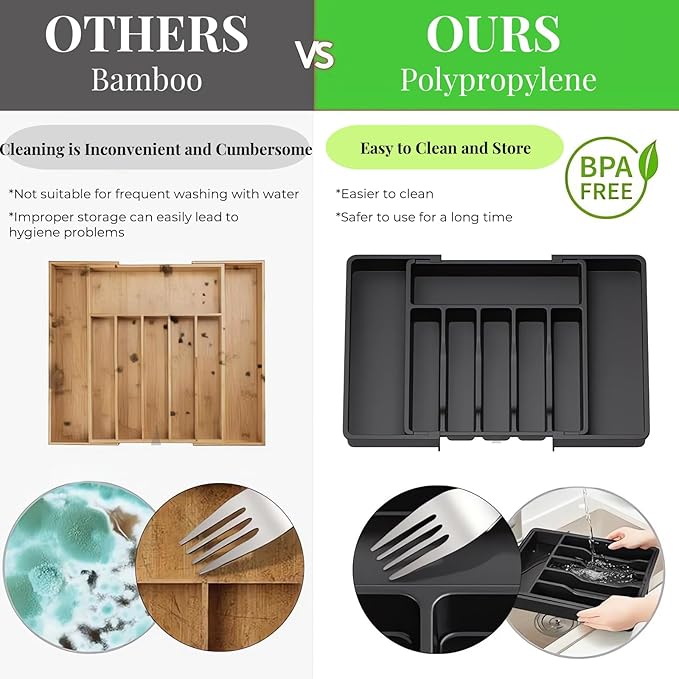 Iopsk Flatware Organizers - Kitchen Drawer Organizer for Utensils and Silverware Expandable Silverware Holder and Cutlery Tray Black Kitchen Decor and Accessories Large Storage Capacity