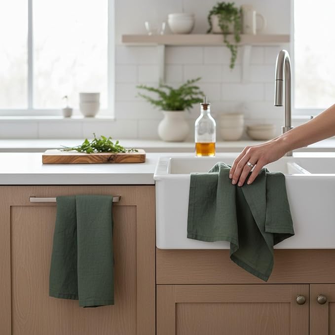 Linen Kitchen Dish Towels – 20” x 27” – 100% Pure Stonewashed Linen Hemstitch Hand Towel/Tea Towel - Set of 2 (Rustic Green)