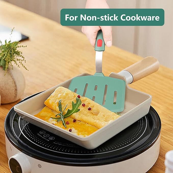 2 Pack Silicone Large Pancake Spatula Turner for Nonstick Cookware, Extra Wide Spatula for Cooking, Flexible Fish Turner, Slotted Spatulas for Eggs Omelette Flipping, Dishwasher Safe (2 Pack Green)