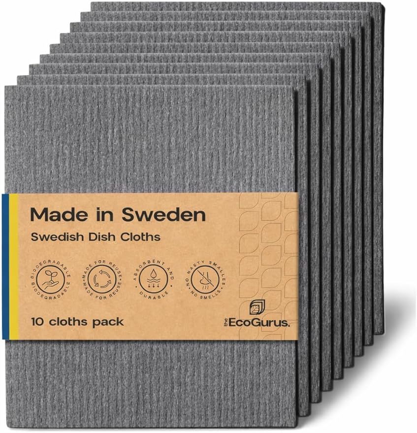10 Pack Odour-Resistant Reusable Cleaning Cloths | Original Swedish Dishcloth | Made in Sweden | Suitable for All Surfaces | Biodegradable Cellulose Sponge | Kitchen & Bathroom | Gray