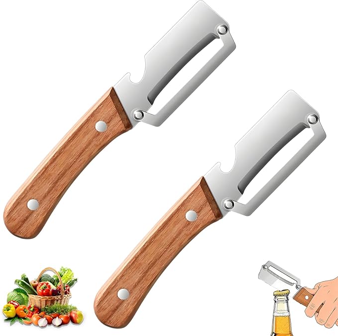 2 Pack Multifunctional Vegetable Peeler, 2-in-1 Kitchen Peeler with Bottle Opener, Sharp Stainless Steel Swivel Blade, Wooden Handle, for Potato, Carrot, Apple & Fruits
