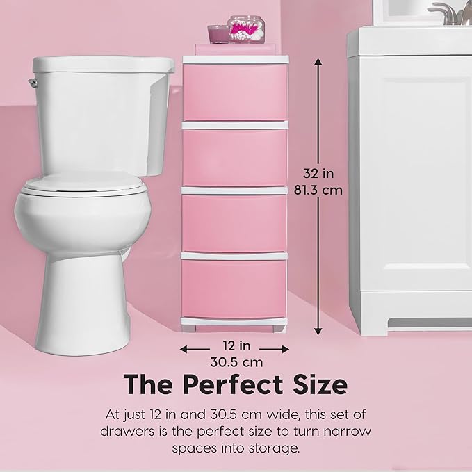 IRIS USA Plastic Drawer Storage Organizer, 4-Drawers, for Classroom Art Supplies Bathroom Dorm Bedroom Laundry Room, Slim Narrow, White Frame with Matte Pink Front Panels