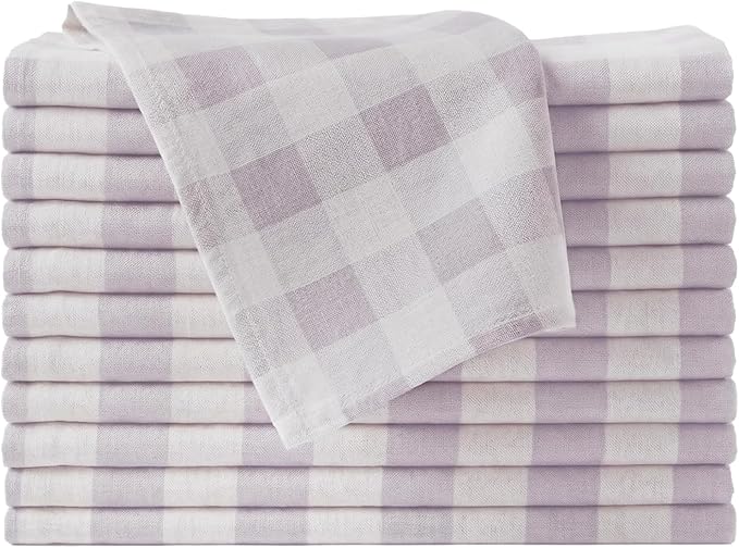 Cloth Napkins Set of 12, 100% Cotton Reusable Gingham Printed Dinner Napkins, 18x18 Inch Washable Table & Kitchen Napkins for Home, Dining, Entertaining – Cloud Gray & White