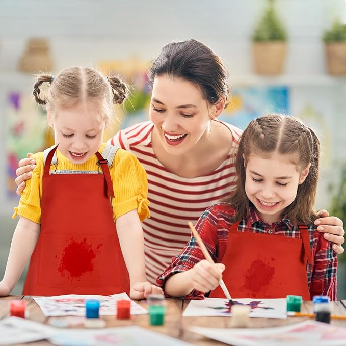 24 Pack Kids Apron Bulk with 2 Pockets Adjustable Chef Art Apron Kids Painting Aprons for Cooking Baking Painting Crafting Grilling Activity（Red）
