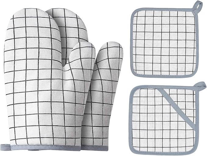 Oven Mitts and Potholders BBQ Gloves-Oven Mitts and Pot Holders with Recycled Infill Silicone Non-Slip Cooking Gloves for Cooking Baking Grilling (4-Piece Set) (White)