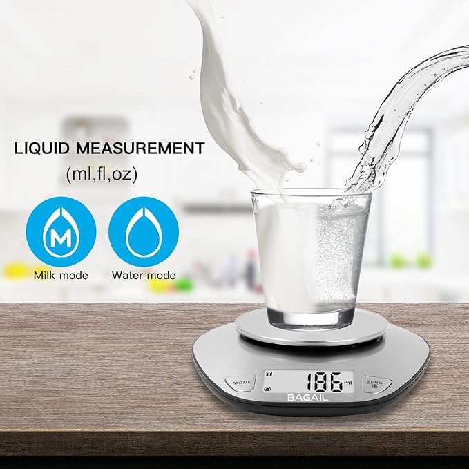 BAGAIL BASICS Digital Kitchen Scale, Large Clear Display, Wet and Dry Food Scale with Stainless Steel Mixing Bowl - 11 lb