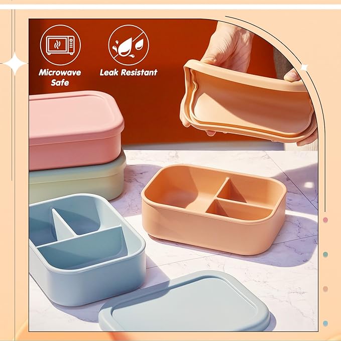Layhit 4 Pcs Silicone Bento Box for Adults, 27 oz Bento Lunch Container Reusable 3 Compartment Lunchable Food Container for Women Men, Leak Proof Microwave Dishwasher Freezer Safe (Dark Colors)