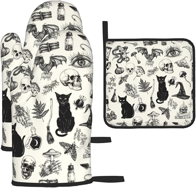 Witch Gothic Pot Holders and Oven Mitts Set, Witchy Wicca Black Cat Skull Kitchen Oven Gloves Hot Pads, Halloween Goth Kitchen Mitts for Cooking Baking Grilling BBQ, Gothic Witchy Gifts for Women