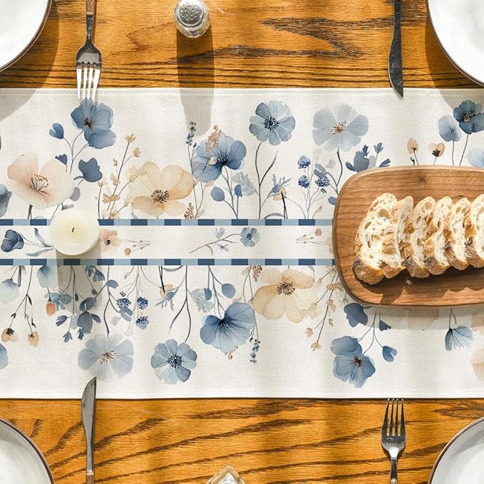 Artoid Mode Bloom Flowers Floral Weeds Spring Table Runner, Seasonal Summer Kitchen Dining Table Decoration for Home Party Decor 13x60 Inch