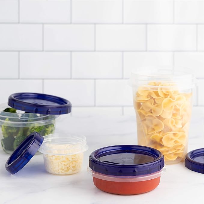 PLASTICPRO [8 oz 96 Pack] Twist Top Deli Containers Clear bottom With blue Top Twist on Lids Reusable, Stackable, Food Storage Freezer Container Pack of 96
