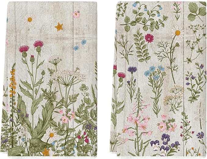Artoid Mode Wood Wildflower Floral Kitchen Towels Dish Towels, 18x26 Inch Leaves Holiday Decoration Cleaning Set of 2