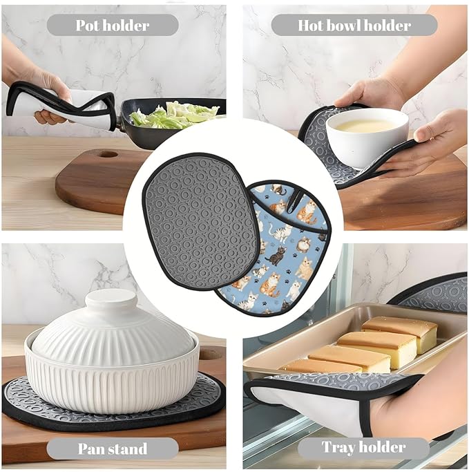 Cat Blue Silicone Pot Holders Set of 2, Heat Resistant up to 500°F, Non-Slip Kitchen Hot Pads with Pocket and Soft Quilted Cotton Lining for Baking, Cooking and Hot Pots