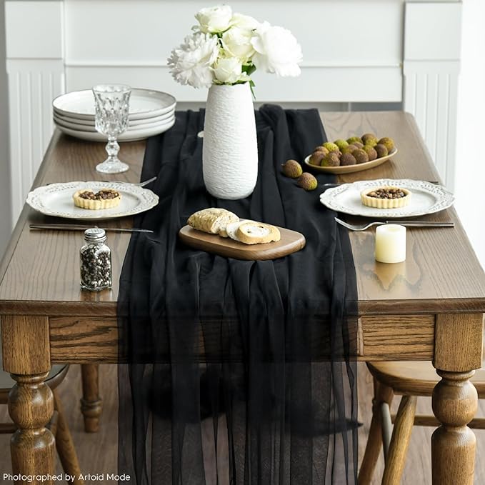 Artoid Mode Black Gauze Table Runner 120 Inch 10FT, Seasonal Sheer Kitchen Dining Holiday Wedding Birthday Baby Shower Table Decor for Home Party