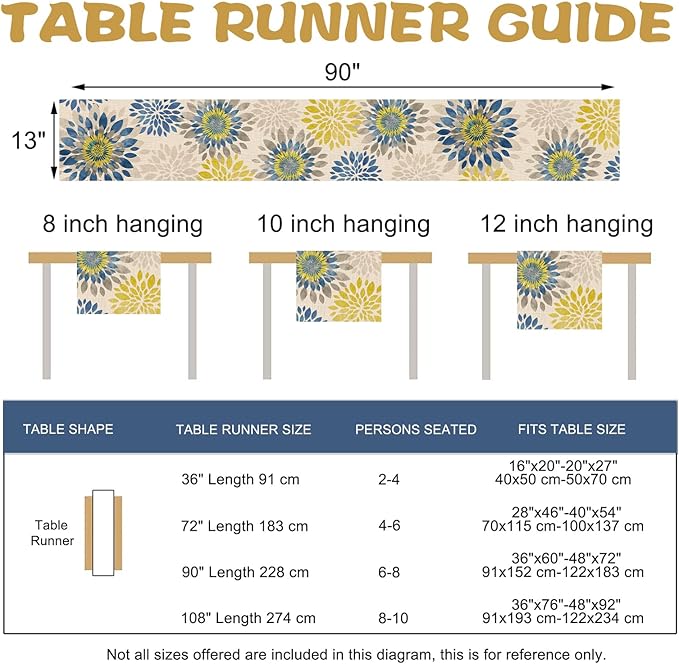 Geometric Dahlia Flower Dining Table Runner, Blue Yellow Floral Modern Art Burlap Kitchen Decoration, Spring Summer Farmhouse Indoor Outdoor Home Decor Party Supply 13 x 90 Inches