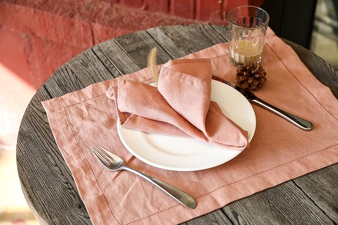 100% Pure Linen Dinner Cloth Napkins 15 x 15 Inch Dusty Pink - Set of 6 Pack European Flax Natural Fabric Washable for Home and Kitchen