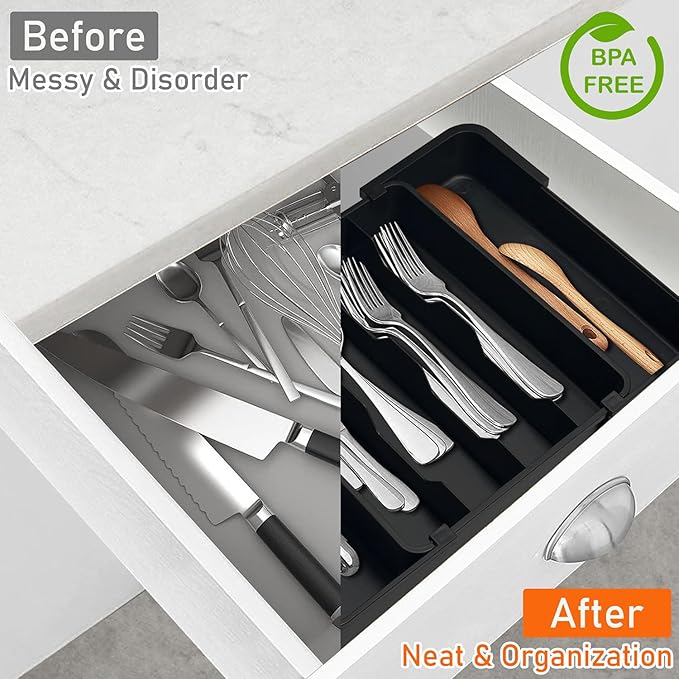 Spaclear Kitchen Silverware Organizer for Drawer - Expandable Silverware Drawer Organizer Adjustable Utensil Drawer Holder, Flatware Cutlery Tray for Spoons Forks Kitchen Organizers Storage,Black, S