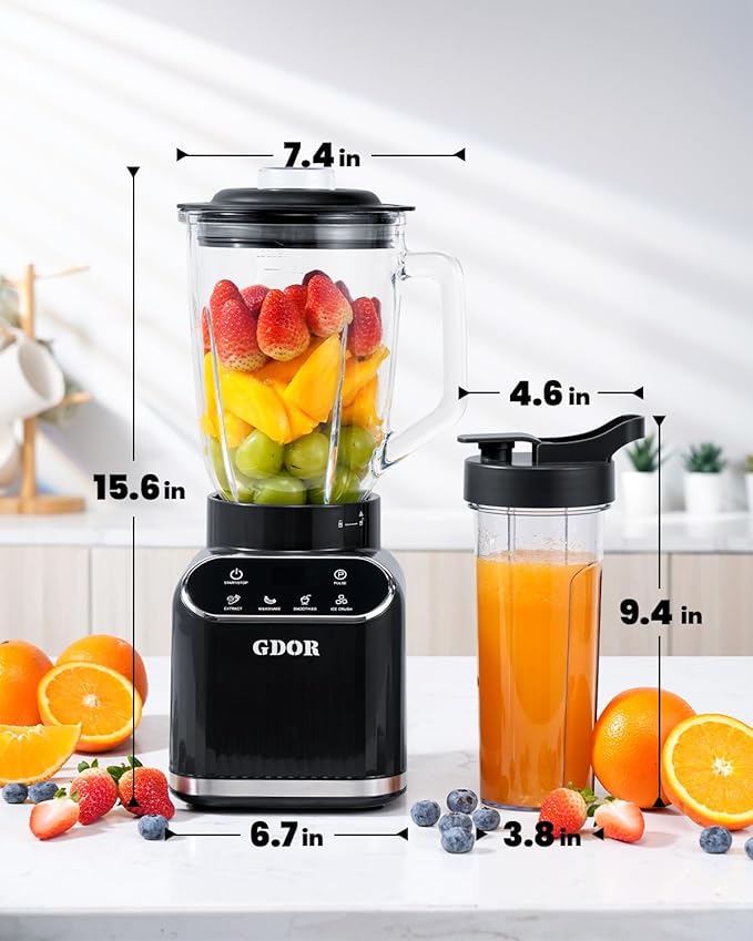 GDOR Professional Blender for Kitchen, 1200 Peak Watts Smoothie Blender, 5 Functions for Ice Crushing & Frozen Fruit, 52 Oz Glass Jar & 24 Oz To-Go Cup Combo, Self-Cleaning, Black