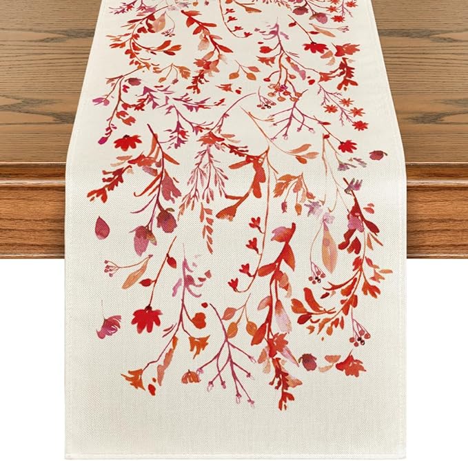 Artoid Mode Floral Leaves Valentine's Table Runner, Wild Flowers Seasonal Kitchen Dining Table Decoration for Home Party Decor 13x72 Inch