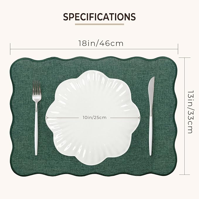 AHHFSMEI Faux Linen Placemats Set of 6 Heat Resistant Non-Slip Stain Proof Table Mats for Kitchen Dining Elegant Decor Place Mats (Green)