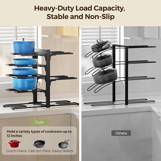 LAMU Pots and Pans Organizer Organizer under Cabinet 15.83" Height, 8 Adjustable Tier Heavy Duty 120LB Pot and Pan Organizer Rack inside Cabinet for Cast-iron Pan, Heavy Skillets Griddle, Shallow Pot