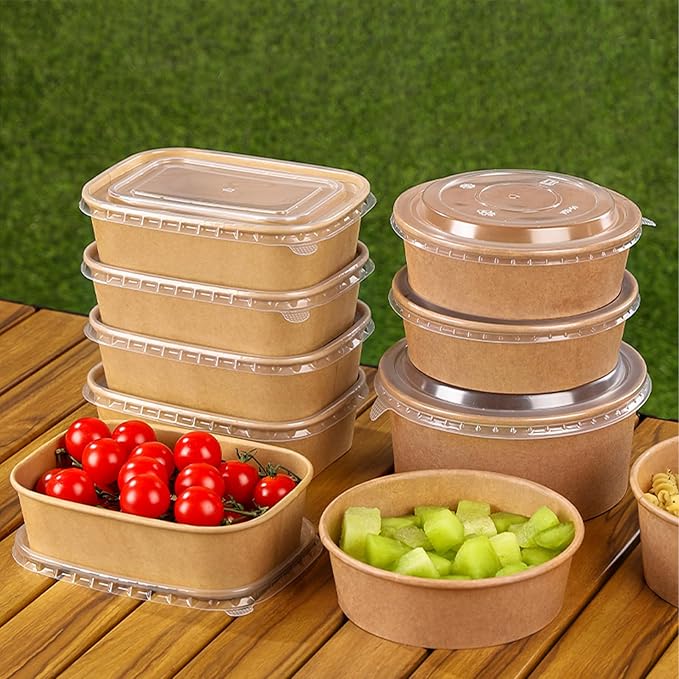 50-Pack 29oz Disposable Kraft Paper Bowls【with Lids and Forks】,Meal Prep Containers Disposable To go Food Containers for Restaurant Supplies Take Out Containers, Microwave Safe for Hot/Cold Food