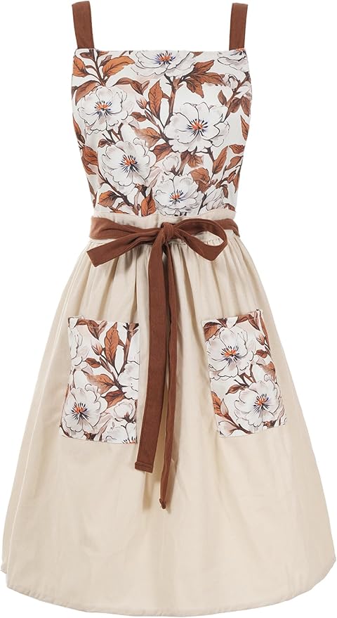 Pinknoke Vintage Pinafore Apron Dress for Women with Pockets Cute Floral Chef Aprons for Kitchen Cooking Baking Gardening