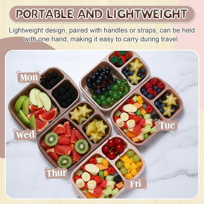 Honeydak 5 Pack Snack Containers 3 Compartment Bento Snack Boxes Divided Meal Prep Containers with Lids Reusable Adults Lunch Food Storage Box for School Work Travel(Brown)