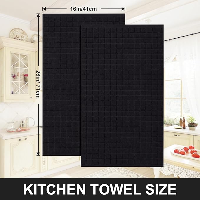 Homaxy Premium Cotton Kitchen Towels 16"x 28", Large Natural Ring Spun 390 GSM Dish Towels, Super Absorbent Terry Kitchen Hand Towels, Soft Tea Towels with Hanging Loop, Pure Black Design, 6 Pack