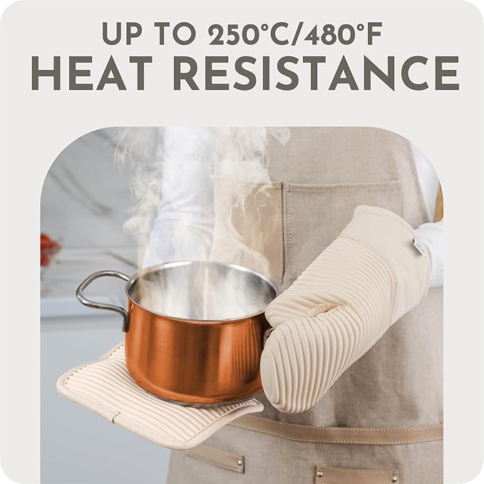 Extra Long Silicone Oven Mitts and Pot Holders Sets | Heat Resistant 500°F BPA-Free Food Grade Silicone Hot Pads & Kitchen Mittens | 4-Piece Set of Oven Gloves & Potholders for Kitchens.