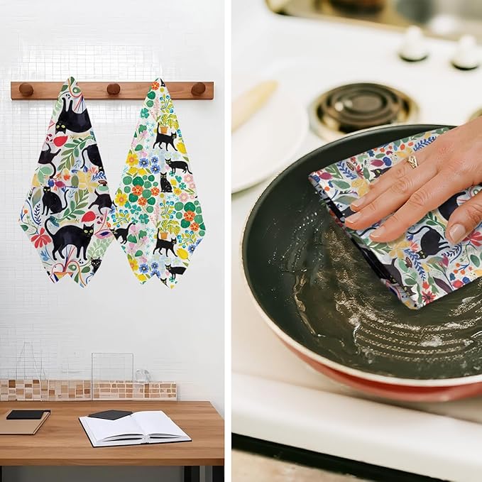 2Pcs Cat Kitchen Towels, Cats Floral Absorbent Tea Towel Decorative Dish Hand Towels Cat Lover Gifts for Cleaning Drying Cats Owners Women Mom Housewarming Gifts 14 x 24 Inch Kitchen Home Decor-2