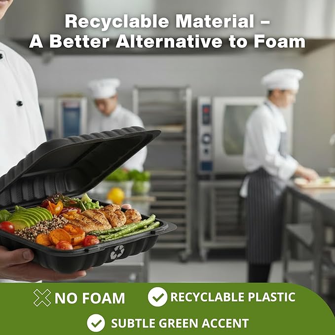 Hinged Take-Out Containers 8″ x 8″ BPA Free, Clamshell To Go Boxes Recyclable, Microwave & Freezer Safe Food Storage Boxes for Restaurants, Catering - Cake Slice Container - Black