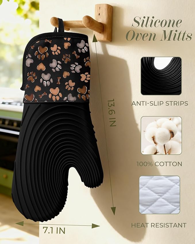 Slohif Long Silicone Oven Mitts Heat Resistant for Women - 2 Pcs Dog Paw 100% Cotton Oven Gloves, Non-Slip and Waterproof Silicone Oven Mitts with Hanger for Baking and Cooking