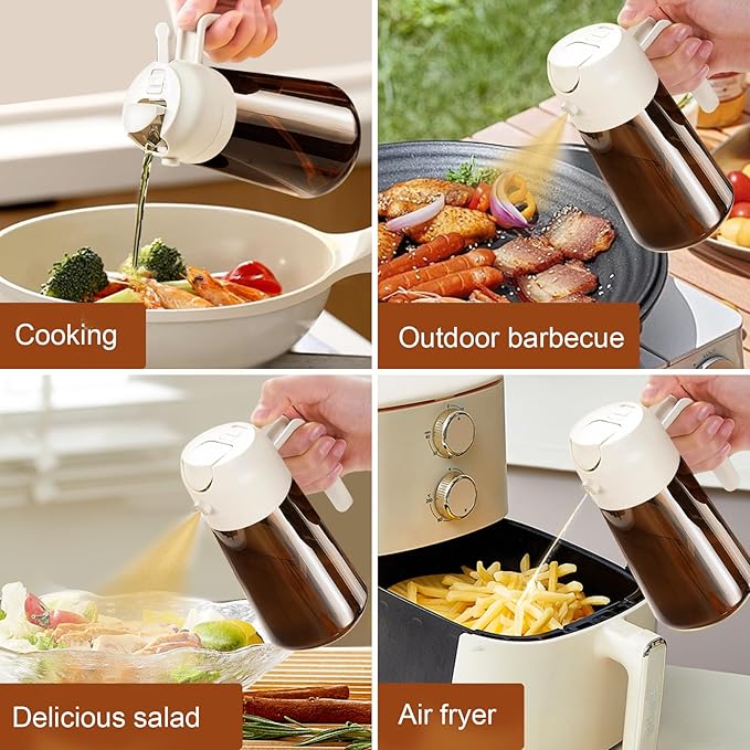 YARRAMATE 2PCS 16oz/470ml Oil Sprayer for Cooking with Stickers, Food-Grade 2 in 1 Olive Oil Dispenser Bottle for Kitchen, Premium Dark AmberGlass Oil Bottle for Air Fryer, BBQ(White & Orange)