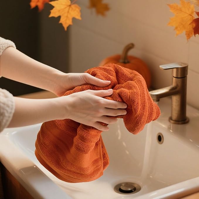 Jacquotha Orange Hand Towels Set of 2 - Ribbed Bathroom Towels Fall Decor, Daily Use & Autumn Gatherings, 13x29 Inches