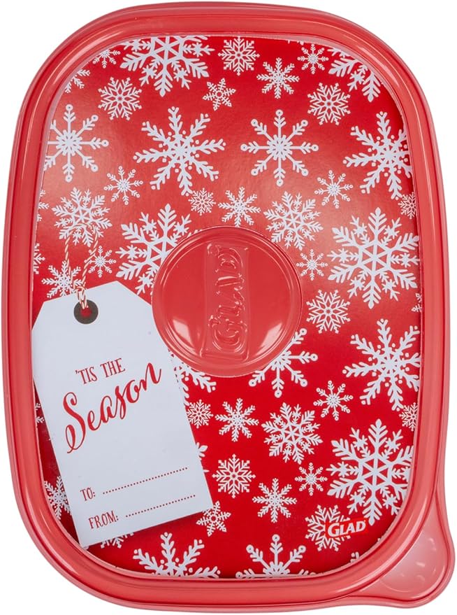 Glad GladWare Holiday Food Storage Containers with Reversible Gift Tags, Large Rectangle BPA Free Plastic for Holiday Cookies and Gifting, Microwave Freezer Dishwasher Safe, 64 Oz, 3 Count