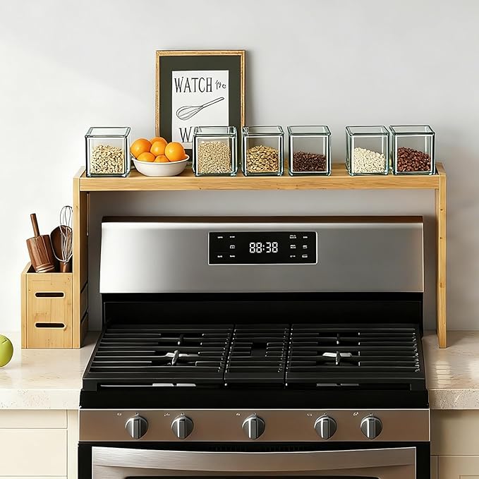31-inch bamboo stove rack for above the hob, kitchen bamboo spice rack, supports up to 50 pounds. Bamboo stove rack for storing spices and kitchen utensils. (Wood colour)
