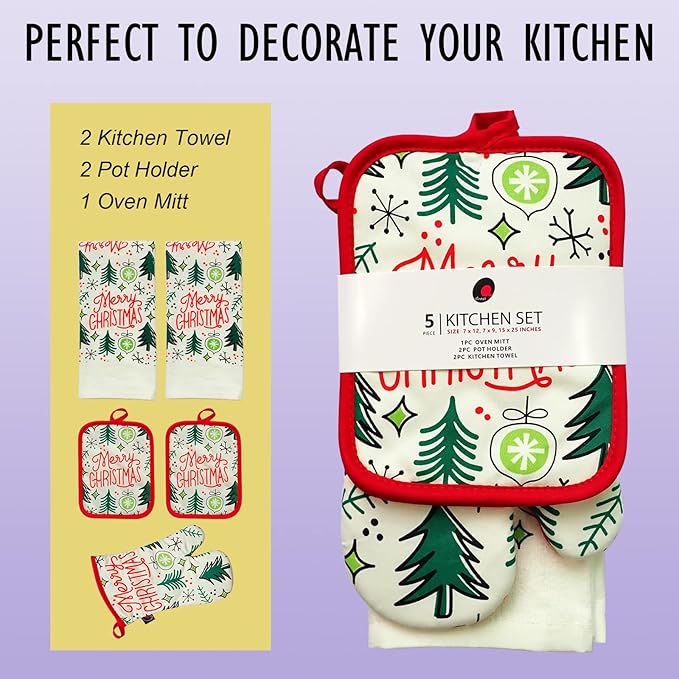 Oven Mitts and Potholders Dish Towles Set 100% Cotton for Perfect for Gifting, Baking and Everyday Cooking Durable Heat Resistant for Kitchen (5-Piece Merry Christmas)