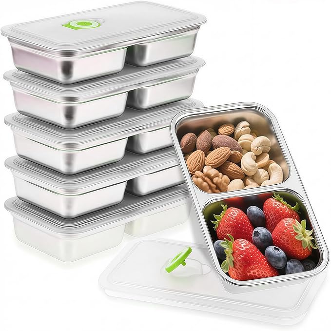 Stainless Steel Snack Containers, 6-Pack Reusable Grab and Go Containers with Lids, Dual Compartment Bento Box for Travel, Camping & Lunch Prep （Green