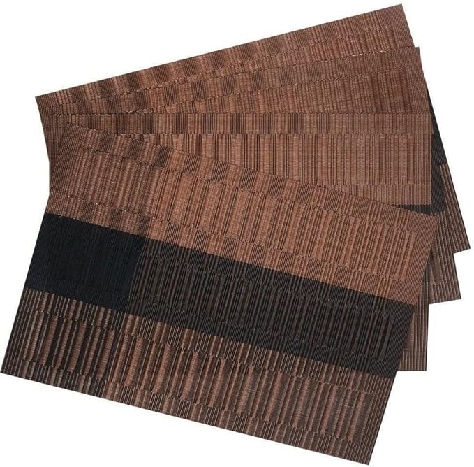 SHACOS Placemats with Table Runner Set of 7 Woven Vinyl Plastic Wipe Clean Heat Resistant Table Mats and Runner Set for Dining Table, Ombre Coffee Black