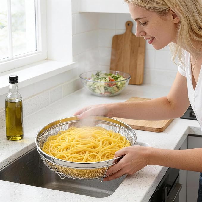Fine Mesh Strainer for Kitchen, Stainless Steel Colander Bowl for Pasta, Rice, Fruit, Metal Net Baskets with Resting Base - Strain, Drain, Rinse (Diameter 7.48 inch)
