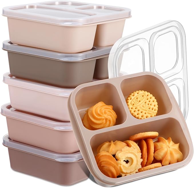 Honeydak 5 Pack Snack Containers 3 Compartment Bento Snack Boxes Divided Meal Prep Containers with Lids Reusable Adults Lunch Food Storage Box for School Work Travel(Cream Brown)