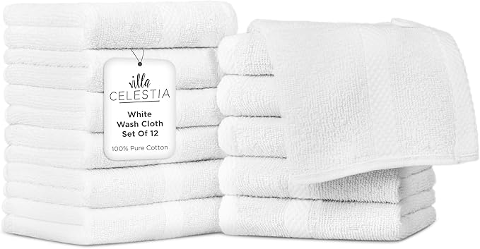 100% Cotton Wash Cloth for face & Body Set of 12, (12 x 12 inches) Sustainable, Soft, Highly Absorbent, Combed Cotton Wash Cloths Pack of 12 for Hotels, Spa, Bathroom, Dorm, White