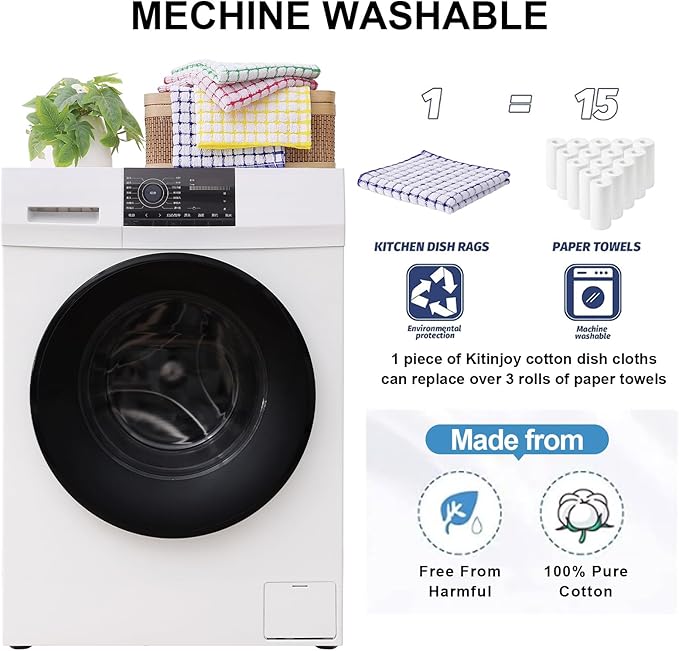 Kitinjoy Cotton 12 Pack Terry Kitchen Dish Cloths, 12 x 12 Inches Super Soft and Absorbent Dish Rags, Quick Drying Dish Towels for Washing Dishes, Blue