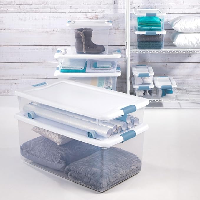 Sterilite 12-Pack Latching Box, Under Bed Storage Bins with Lids, Clear Plastic, 25 Quart - Heavy-Duty Organizing Containers for Closet, Bathroom, and Office