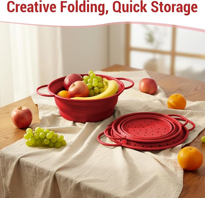 3 Pack Collapsible Colander with Strainer Bowl Set, 11 & 13 In BPA-Free Silicone Colanders for Kitchen, Heat-Resistant Space-Saving Strainer Dishwasher Safe Baskets for Vegetable Fruits(Red)