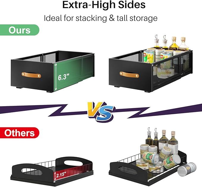 Pull out Cabinet Organizer, Expandable Depth(15.7"-21.7") with Raising Pad for Framed Cabinets, Heavy Duty Slide out Drawers, Adhesive Roll Out Shelves for Kitchen, Pantry Storage(Black, 1-Pack)