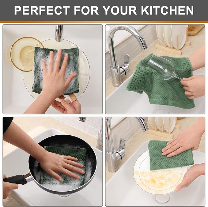 Kitinjoy 100% Cotton Kitchen Dish Cloths (12 X 12 Inches, Grass Green), 8 Pack Waffle Weave Ultra Soft Absorbent Dish Towels for Drying Dishes Quick Drying Kitchen Towels Dish Rags